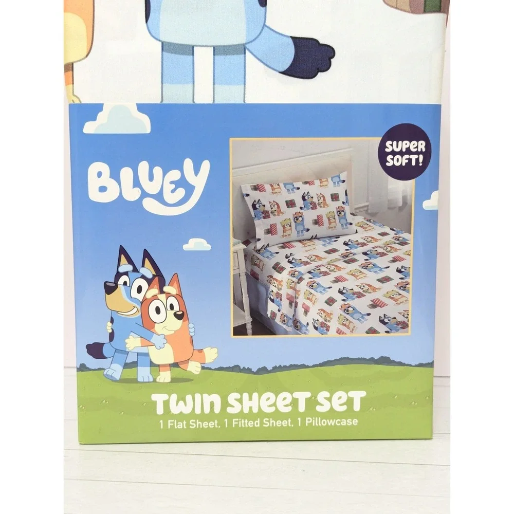 BLUEY BINGO Holiday Gift Print Twin Bed Sheet Set: Flat, Fitted, Pillow Case NEW